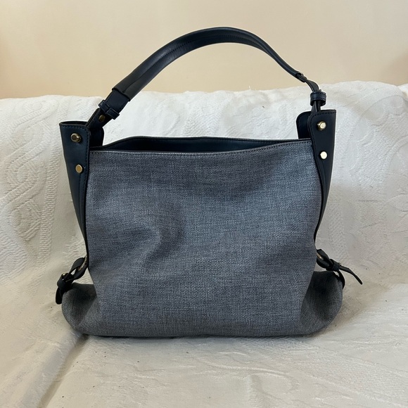 Anthropologie Blue Fabric and Leather Look Handbag with Metal Detail - Picture 2 of 9